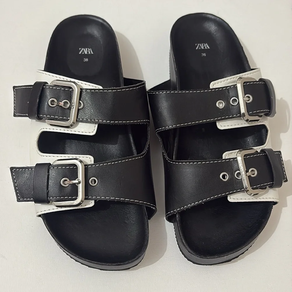 Zara Double Buckle Sandals Size 38 Black & White - Picture 5 of 8